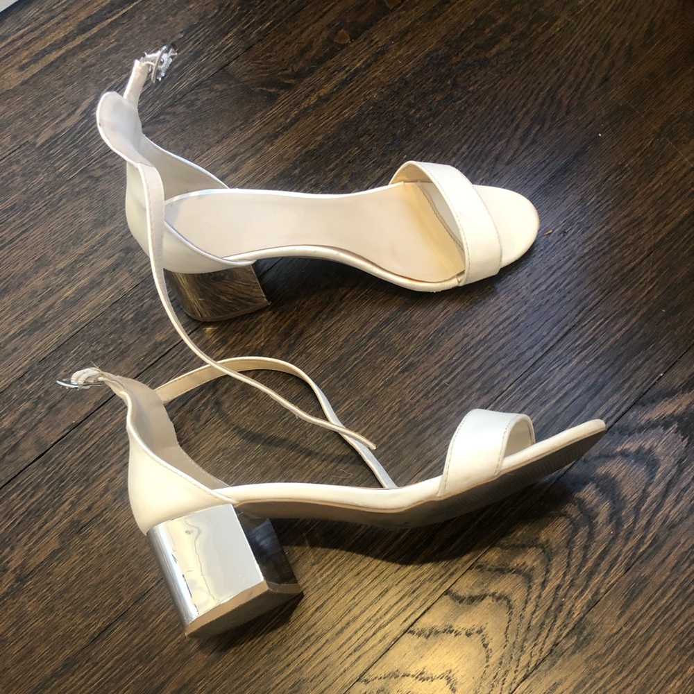White and Silver Heeled Ankle Strap Sandals